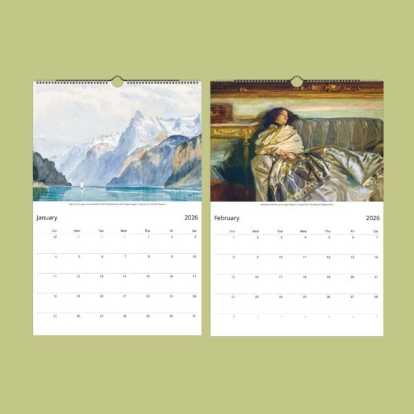 Artistic 2026 calendar pages for January and February.