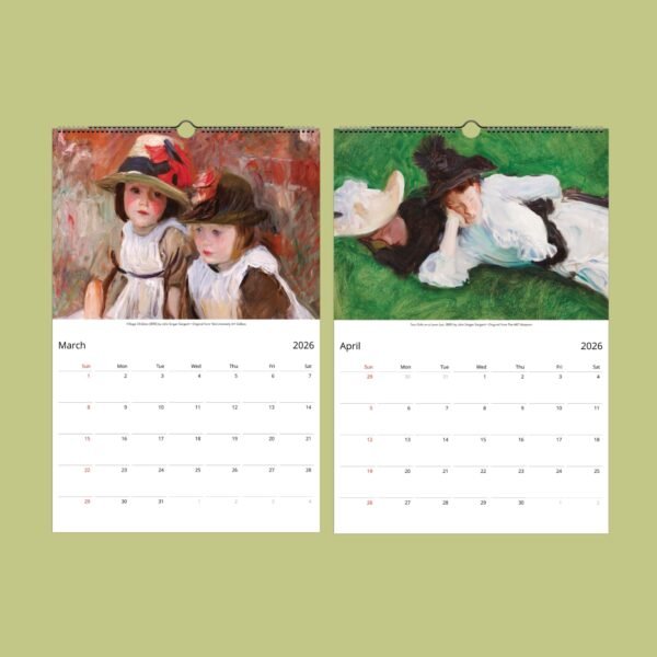 2026 calendar with classic artwork for March, April.