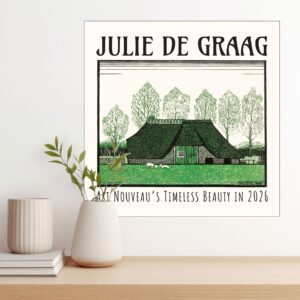 Art Nouveau poster with house and trees illustration.
