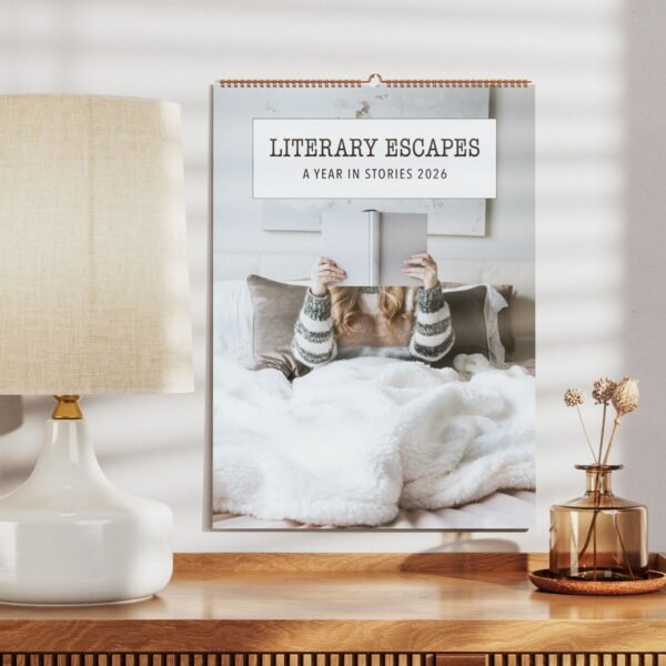 Literary Escapes calendar on cozy bedroom wall.
