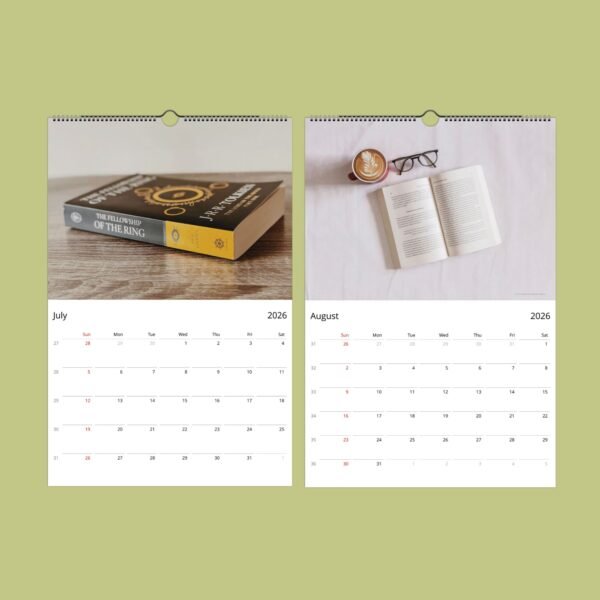 2026 calendar with books and coffee on display.