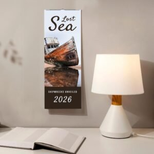 2026 calendar featuring shipwreck, desk lamp, open book.