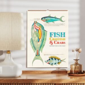 Fish-themed 2024 wall calendar on wooden table.