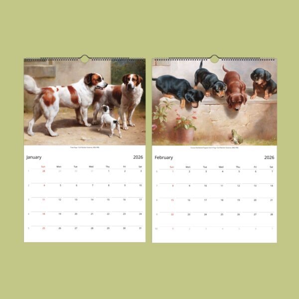 2026 calendar with dog illustrations, January and February