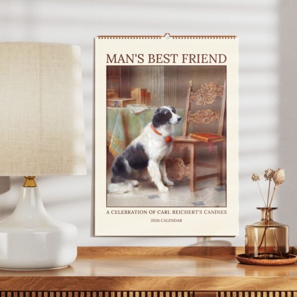Dog-themed 2026 calendar on wall near lamp.