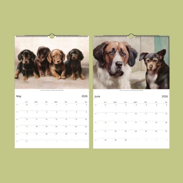 2026 calendar with dog paintings for May and June