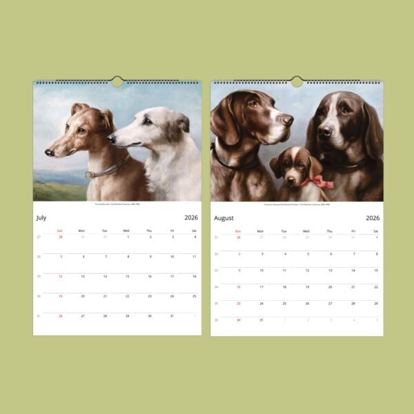 2026 calendar with July and August dog images.
