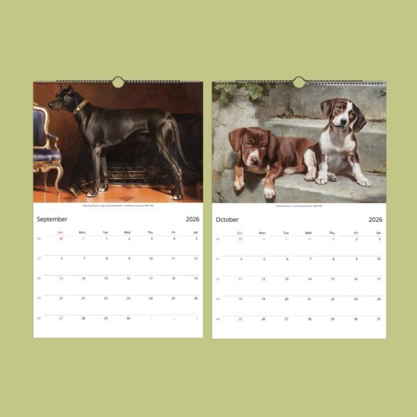 2026 calendar with dog paintings for September, October.