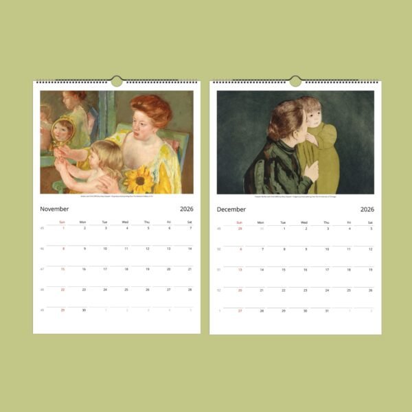 2026 artistic calendar showing November and December artworks.