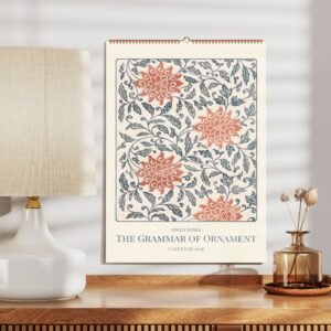 2026 floral calendar on wooden table with lamp