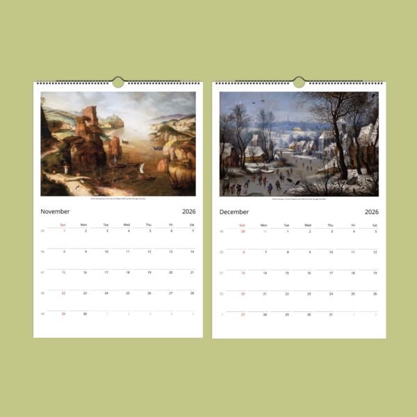 2026 calendar with autumn and winter paintings.