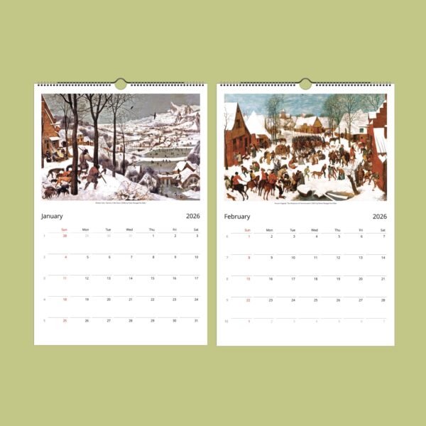 2026 calendar with winter paintings January February