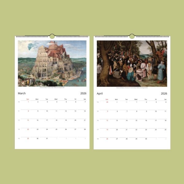 March-April 2026 calendar with art prints.