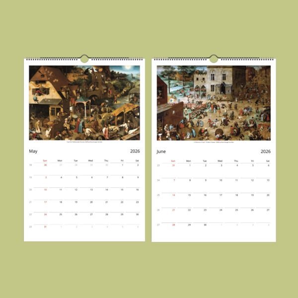 2026 calendar with May and June art scenes.