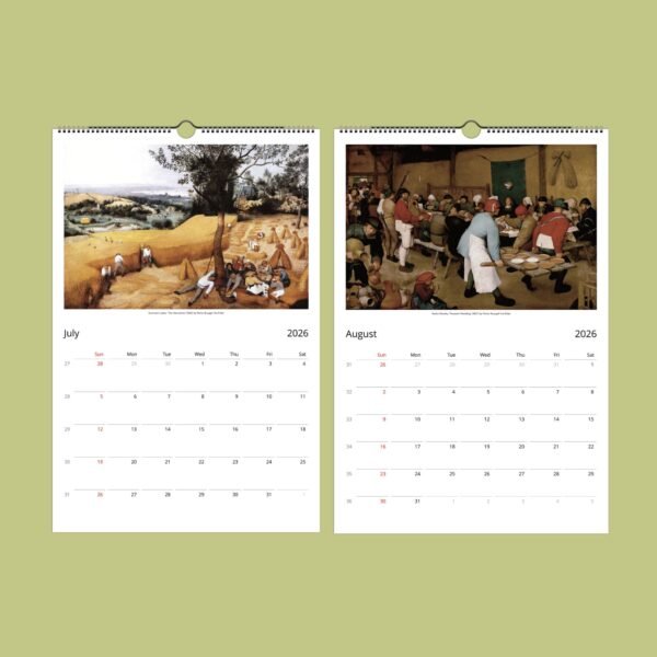 2026 wall calendar with July and August paintings.
