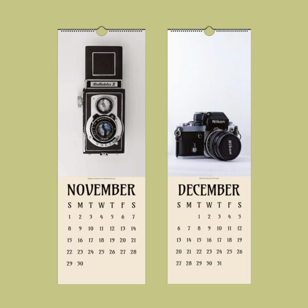 Vintage cameras on November-December calendar pages.