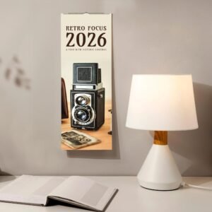 2026 calendar with historic camera beside lamp