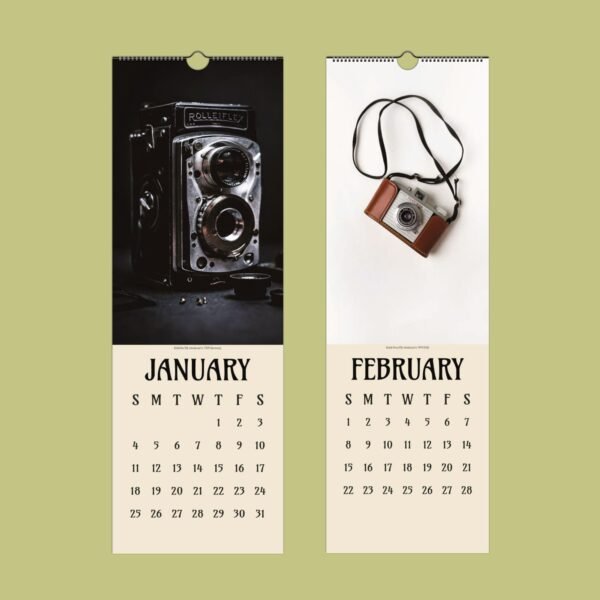 Vintage camera calendar for January and February.