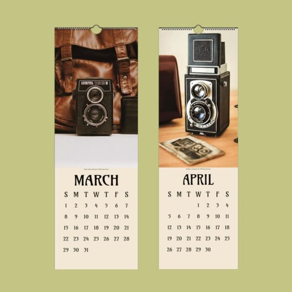 Vintage cameras on March and April calendar pages.