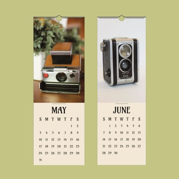 Vintage cameras on May and June calendar pages.
