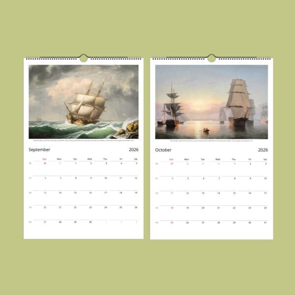2026 calendar with ship illustrations for September, October.