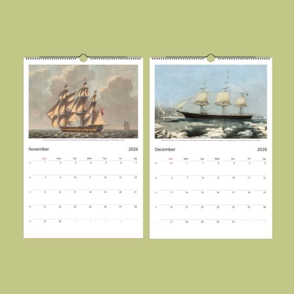 2026 calendar featuring vintage sailing ships artwork.