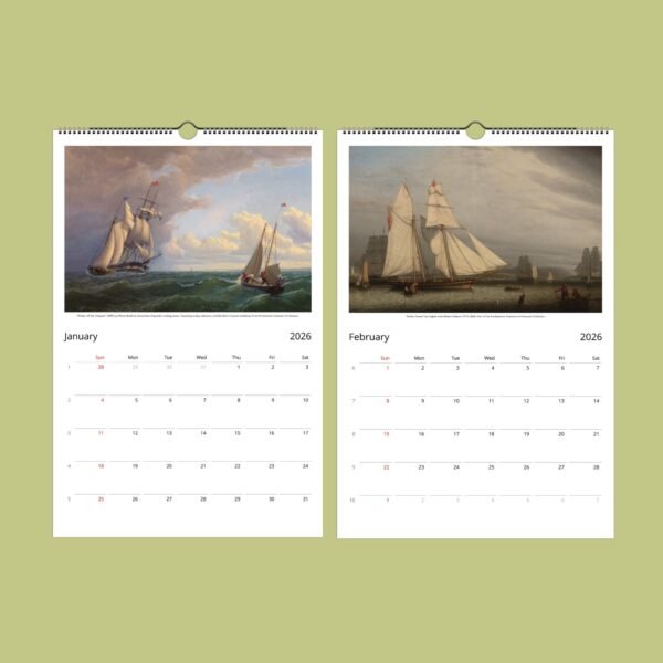 2026 calendar with historical ship paintings for January, February.
