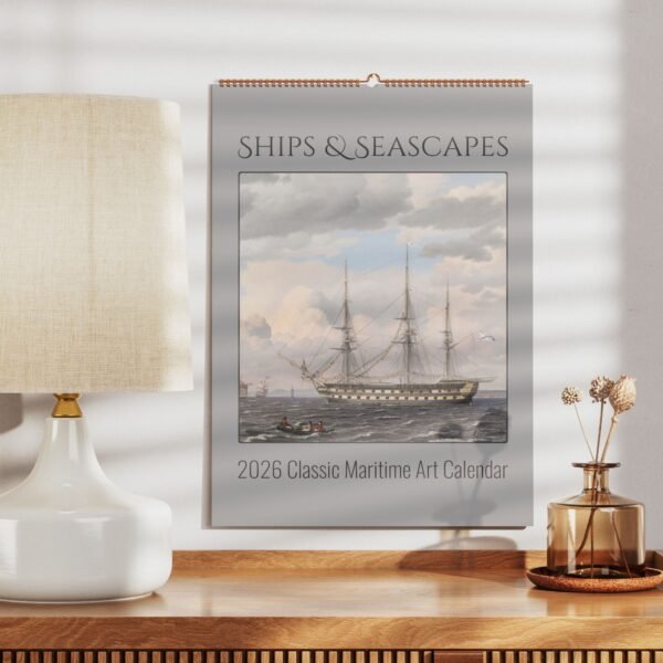 2026 maritime art calendar on wall with lamp