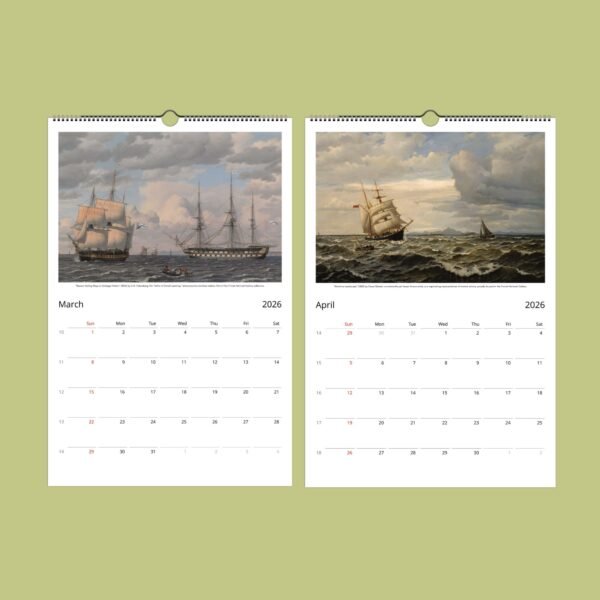 2026 calendar pages with historical ship paintings.