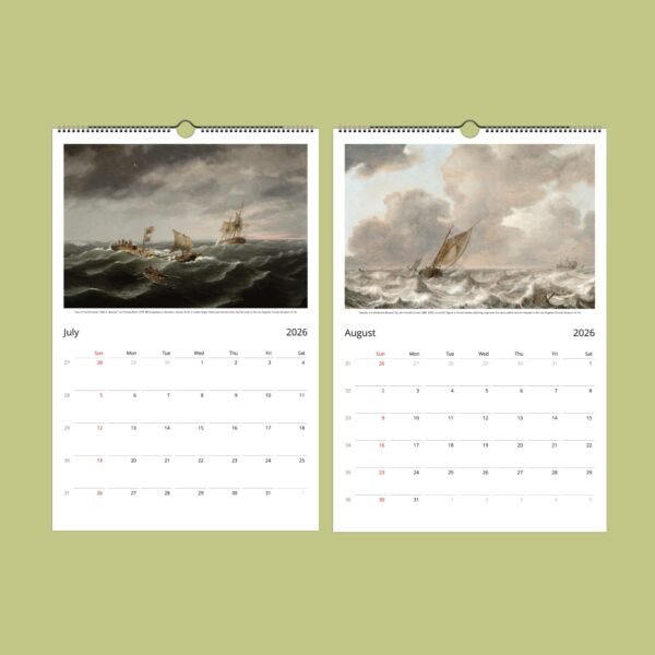 2026 calendar with maritime paintings for July and August