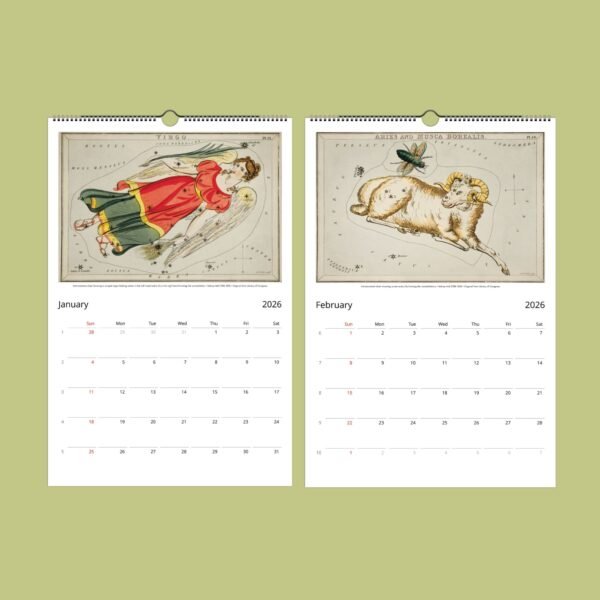 2026 calendar pages featuring zodiac constellations.