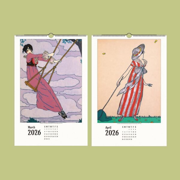 March-April 2026 decorative illustrations calendar pages.