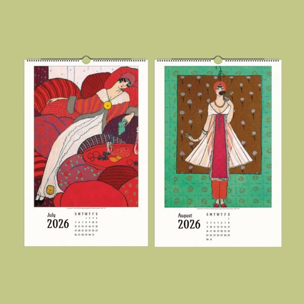 Art Deco style calendar for July and August 2026.