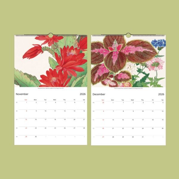 2026 floral calendar pages for November and December.