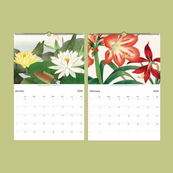 2026 calendar with floral illustrations, January and February.