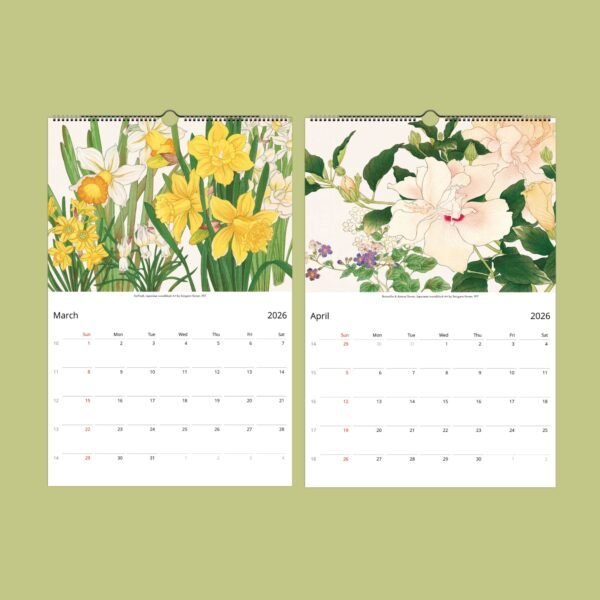 March April 2026 floral calendar with illustrations.