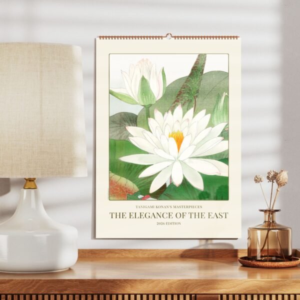 2026 calendar with white lotus illustration.