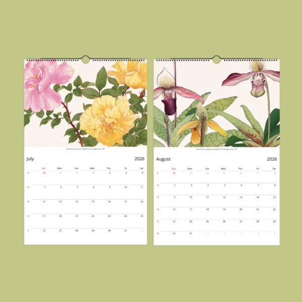 2026 calendar with July and August floral illustrations.