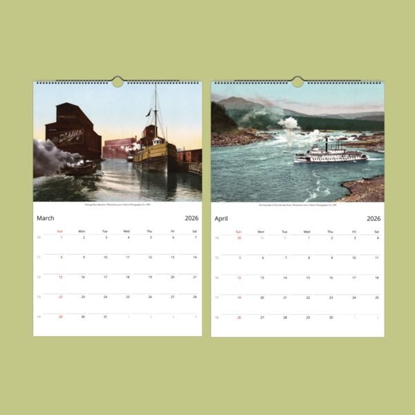 2026 March April vintage calendar pages with ships.