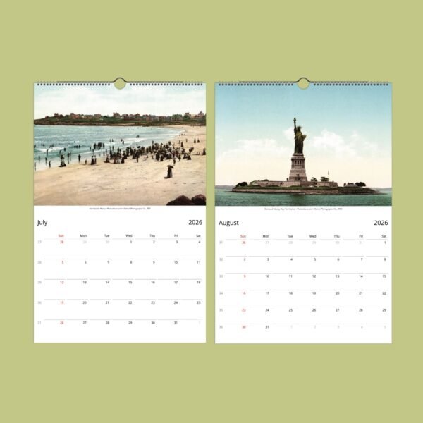 2026 calendar with vintage beach and Statue of Liberty.