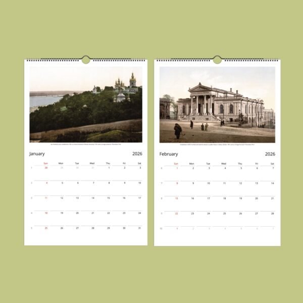 2026 calendar with historical landscape photos.