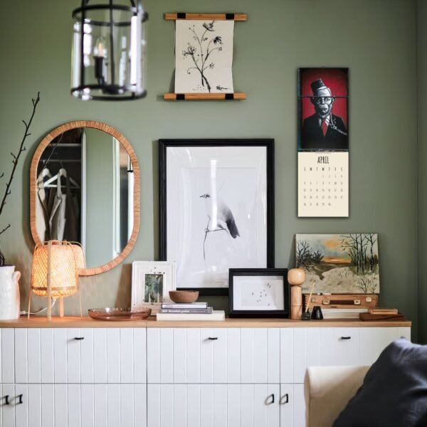 Modern living room with wall art and decorations.