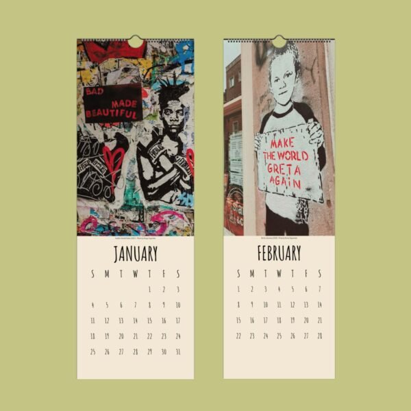 Street art-themed 2021 calendar for January and February.