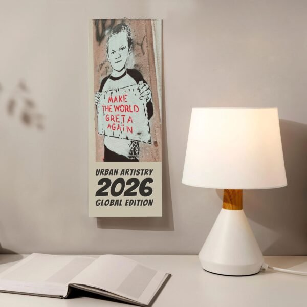 Urban Artistry 2026 calendar, lamp, and open book.
