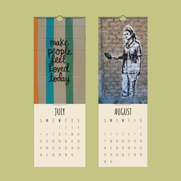 Calendar pages with wall art for July and August.