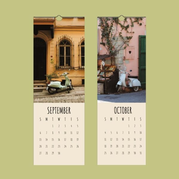 Vintage scooters on September and October calendar pages.