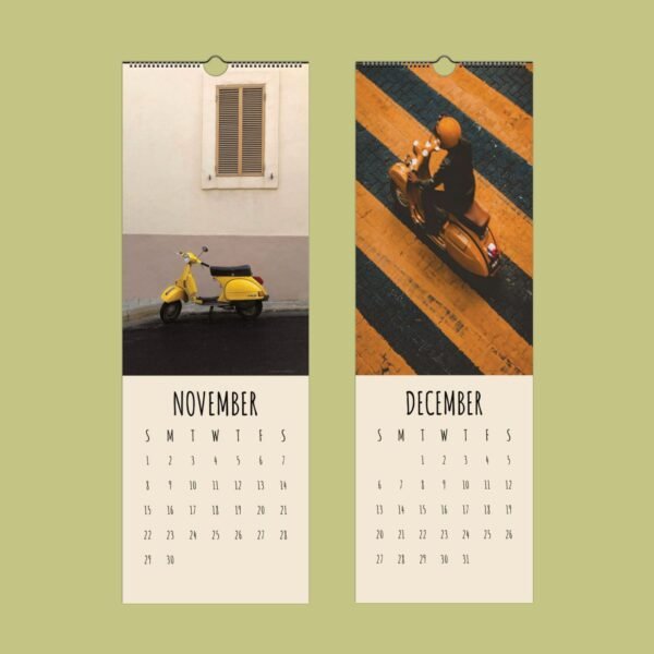 November December calendar with yellow scooter images.