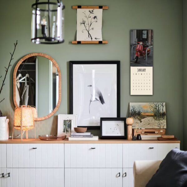 Stylish home decor with art and wooden accents.