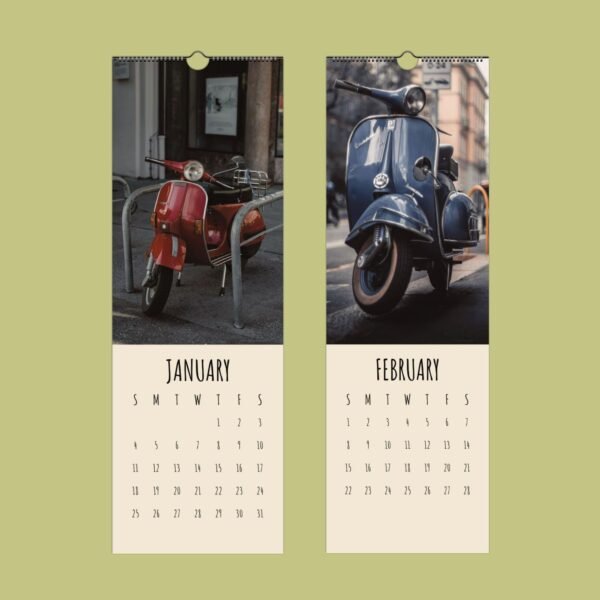 Vintage scooters on January, February calendar pages.
