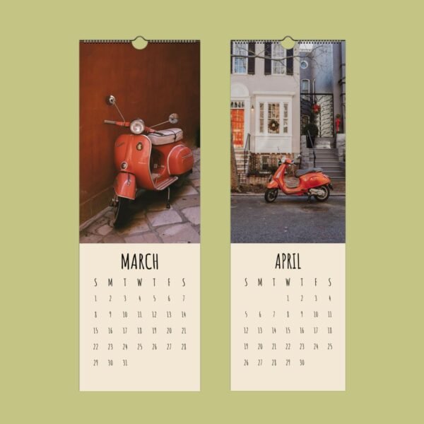 Vintage scooter calendar for March and April.
